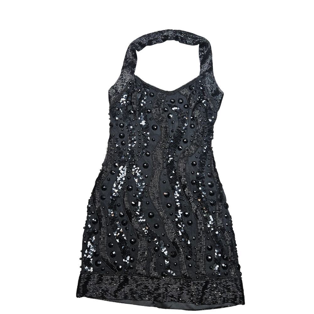 Vintage Silk Alyce Designs Black Beaded Sequin Halter Cocktail Dress Size 8